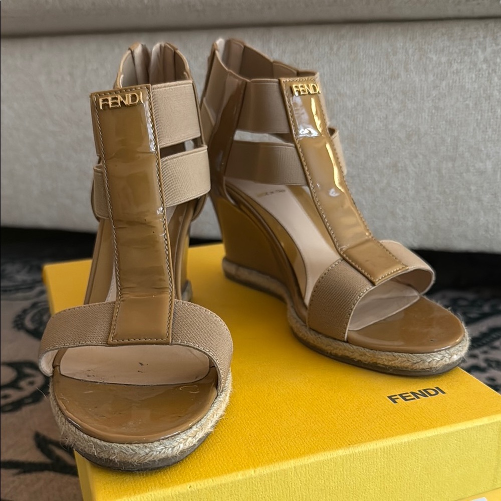 Fendi Women's Tan Wedge Sandals (Zeppa Vernice + Elastico)
